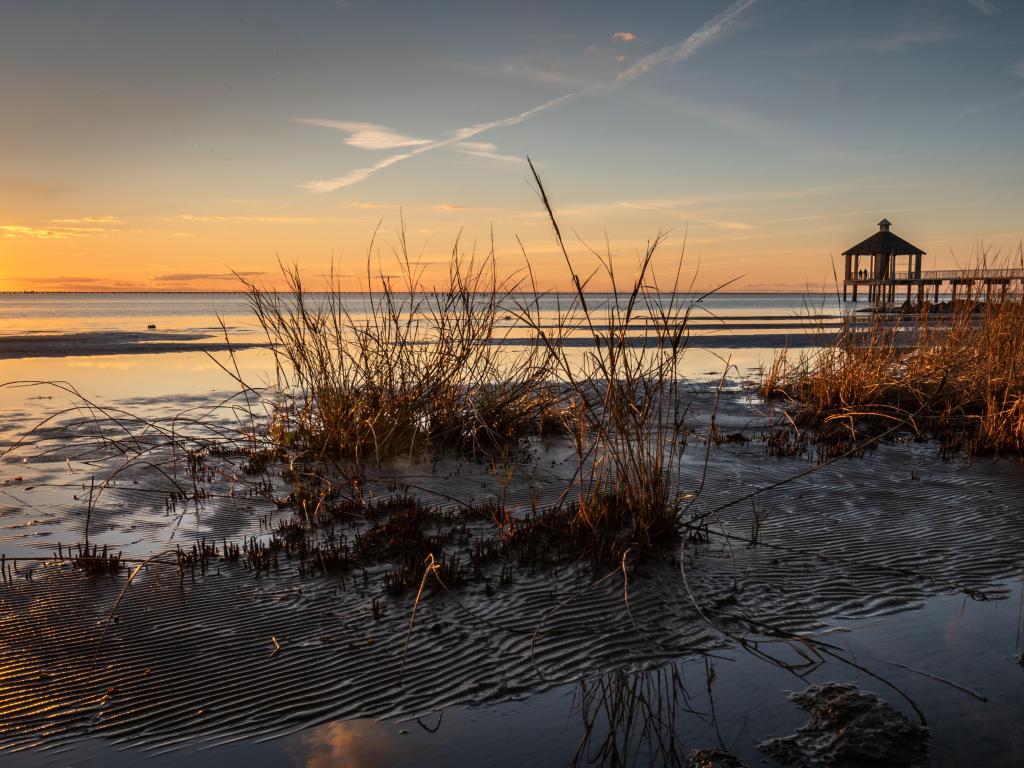 Sunset over the Lake Pontchartain, seen through the grasses along the shoreline 