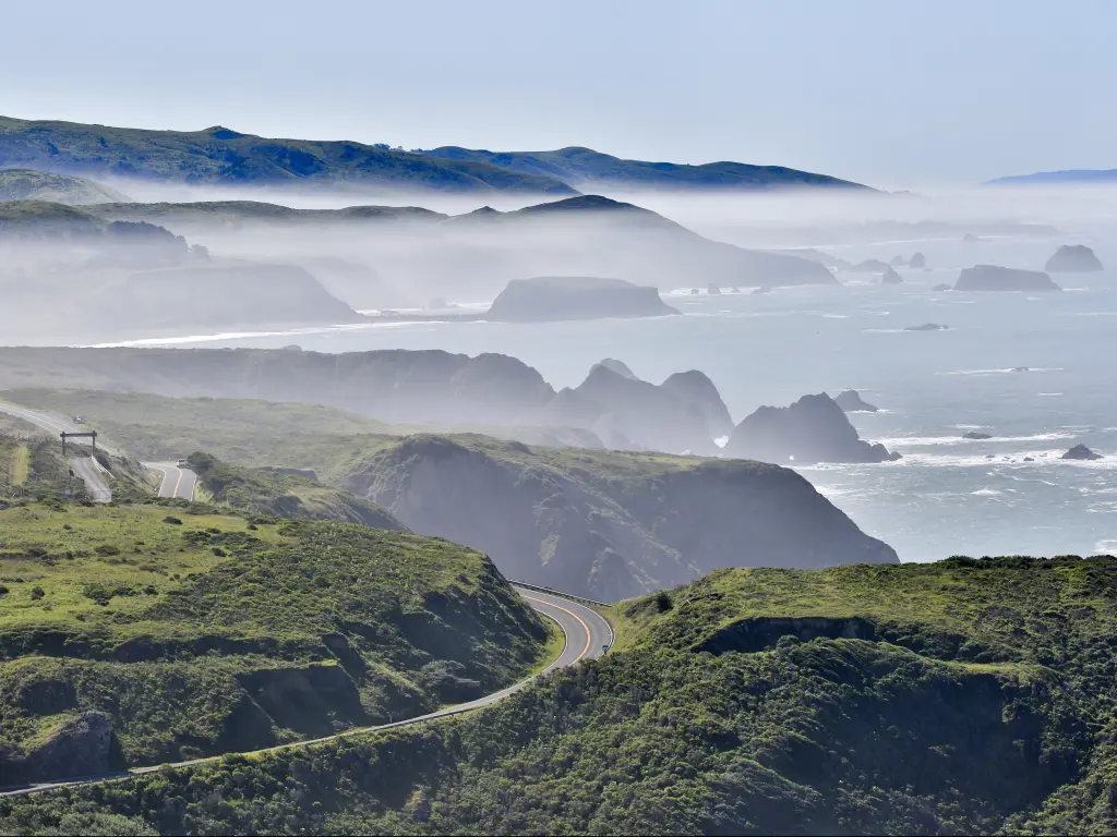 Bodega Bay along the Pacific Coast Highway in Sonoma County on a foggy morning.