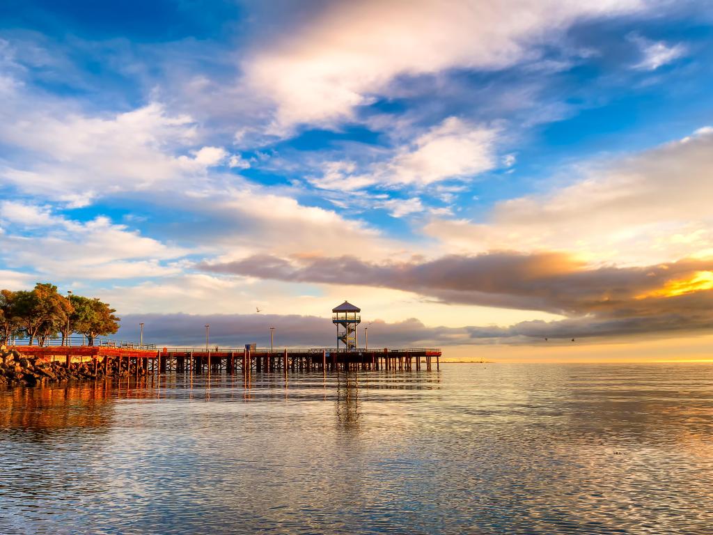 Port Angeles Harbor at sunrise in Washington State.