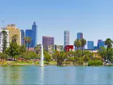 LA downtown, Los Angeles, California, USA with an amazing panoramic skyline of the skyscrapers in the distance, sea in the foreground. 