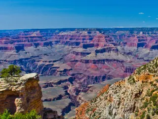 A great view of Grand Canyon National Park in a clear blue sky.