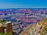 A great view of Grand Canyon National Park in a clear blue sky.