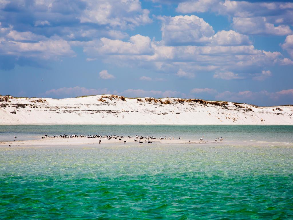 Low white sand dunes with turquoise water and sea birds