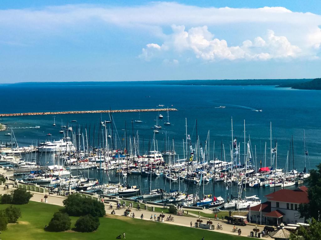 Fort Michilimackinac boats and ships in the marina on Mackinac Island, Michigan