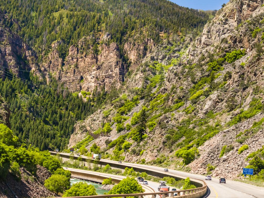 The I-70 route through Glenwood Canyon, Colorado on the way from Denver to Las Vegas.