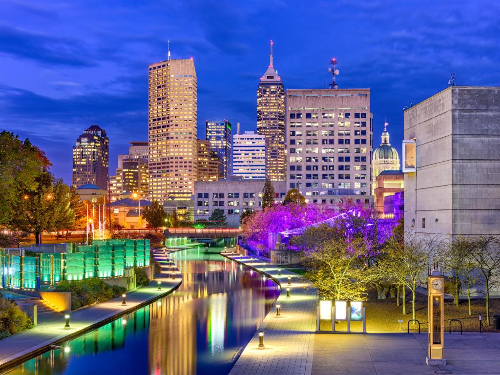 Indianapolis, Indiana, USA skyline at night with neon colors.