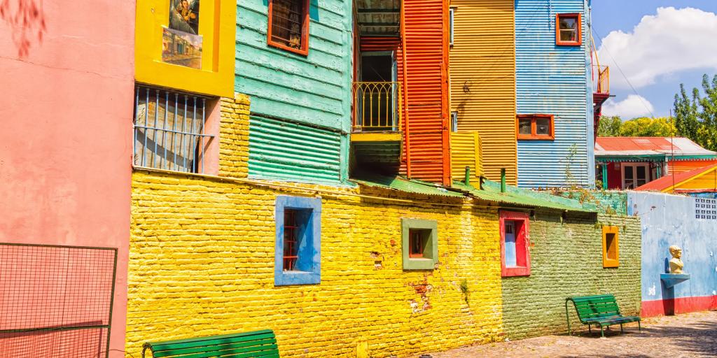 Bright yellow, green, orange and blue houses in the La Boca district of, Buenos Aires, Argentina