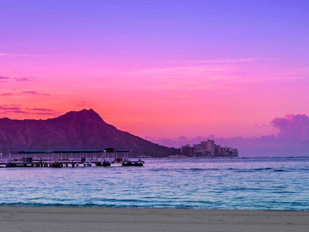 Tranquil Waikiki Sunrise over Diamond Head in Honolulu, Hawaii