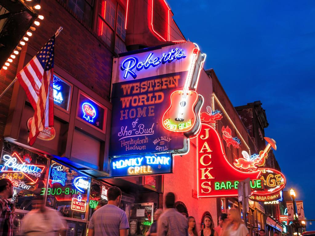 Nashville, Tennessee, USA Neon signs on Lower Broadway Area at night.