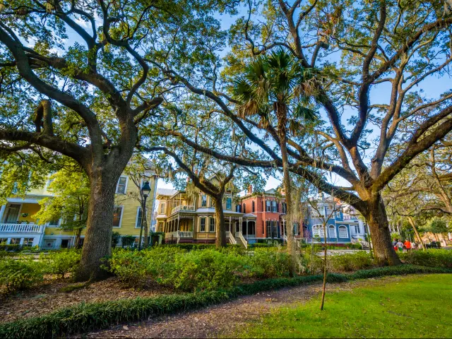 Historic houses lining Forsyth Park with grand live oak trees, in Savannah, Georgia