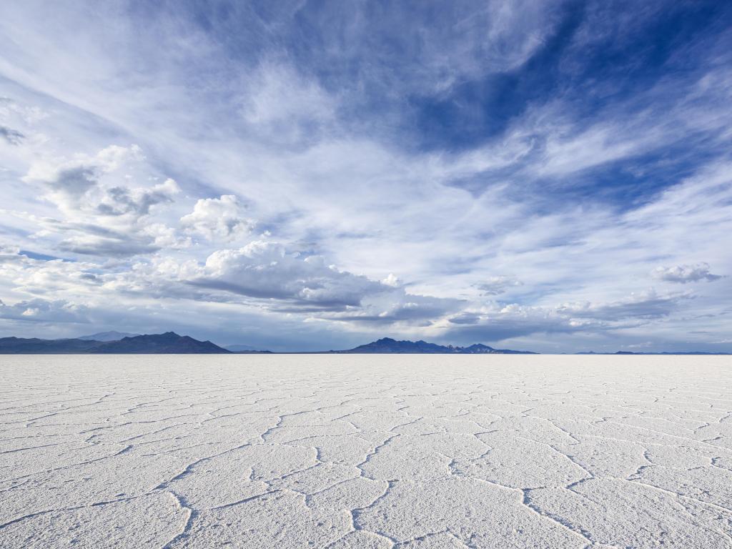 Wide Angle Closeup of White Salt Flats during sunset near Salt Lake City, Utah