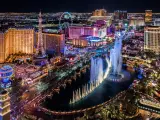 Panoramic view of the Strip at night with the neon lights on