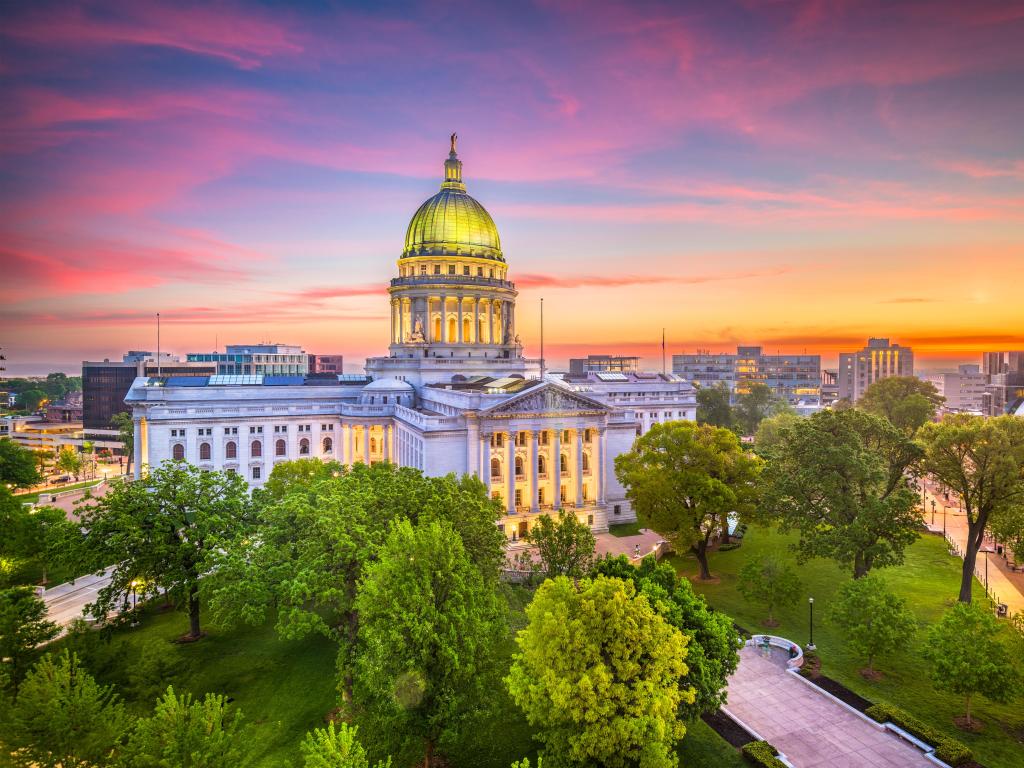 Madison, Wisconsin, USA state capitol building at dusk.