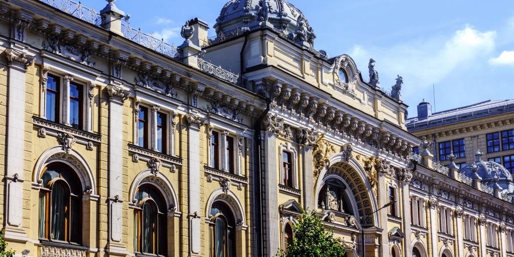 The detailed facade of the main building of Sandunovsky baths in Moscow