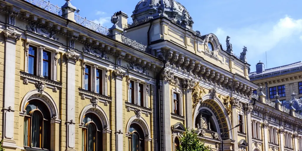 The detailed facade of the main building of Sandunovsky baths in Moscow