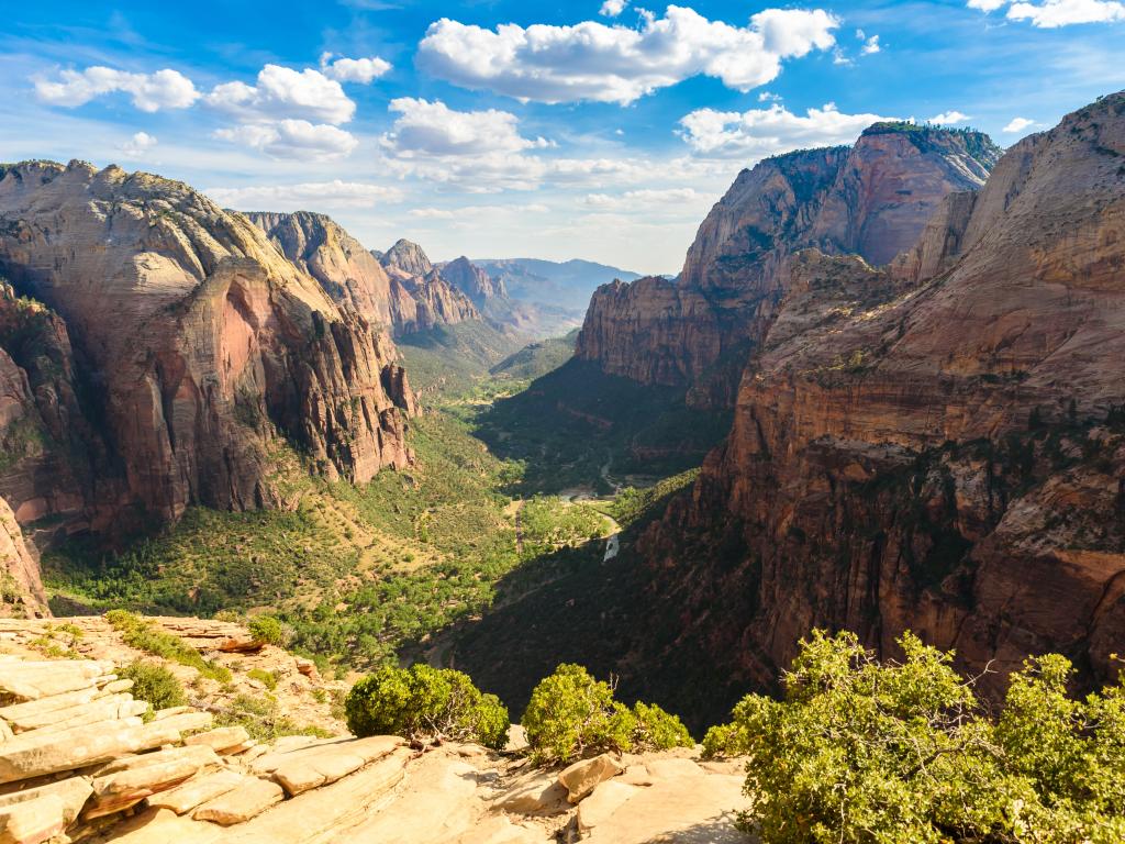 Zion National Park with a beautiful canyon and dramatic rock formations on either side.