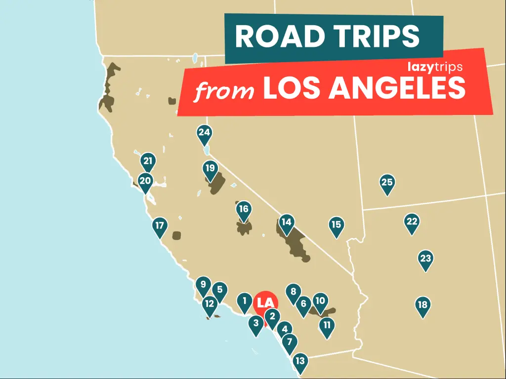 Map of road trips from Los Angeles - 25 different itineraries with detailed routes.