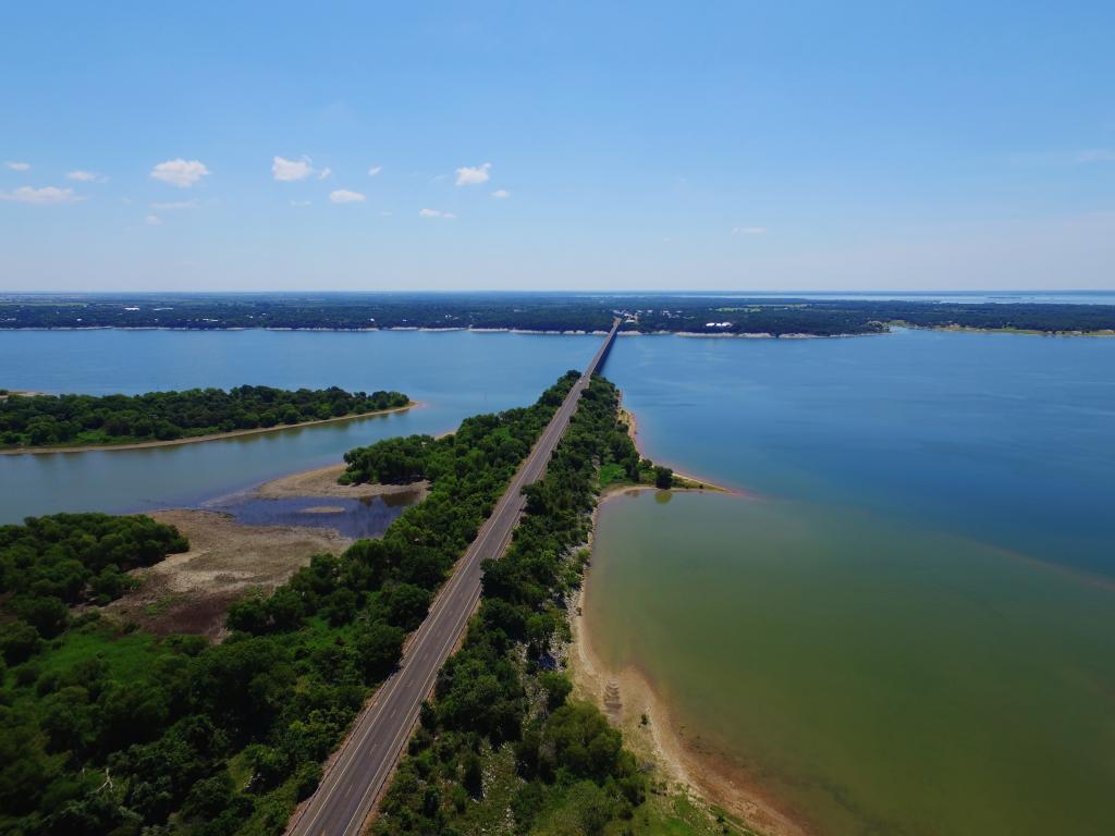 Highway crossing over Lake Whitney between Fort Worth and Waco, Texas.