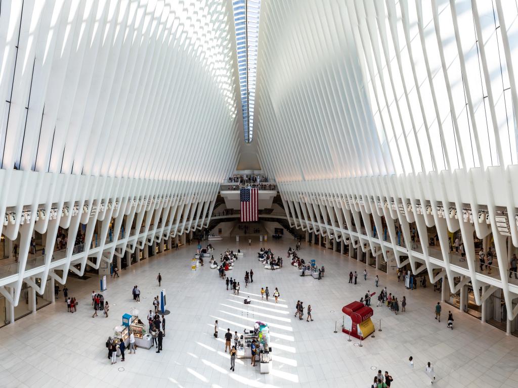 People at the Oculus transportation hub at World Trade Center in New York 