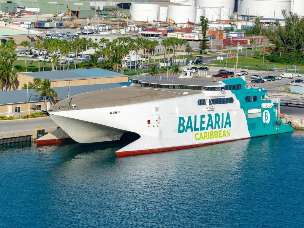 The Balearia Caribbean Ferry Juame II catamaran docked at Freeport, Bahamas
