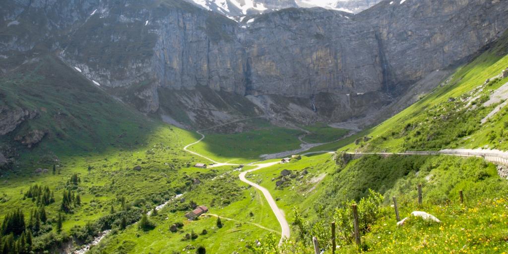 Mountains and meadow alongside the Klausen Pass, Switzerland 