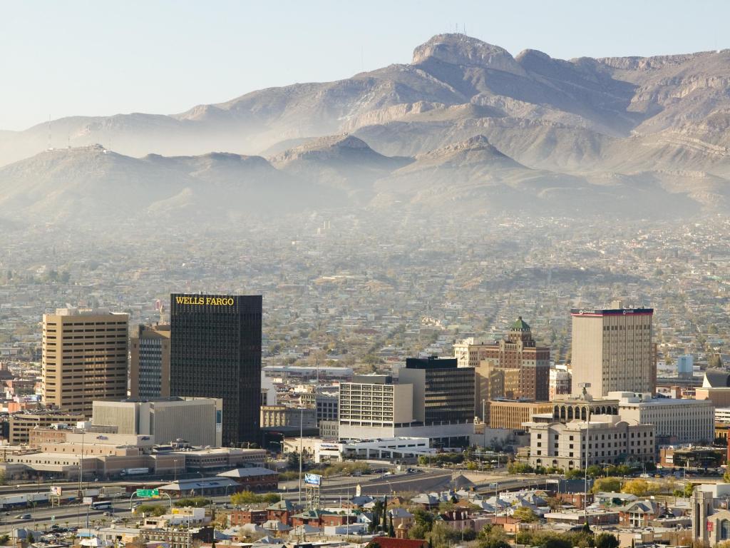 Panoramic view of skyline El Paso Texas looking toward Juarez, Mexico.