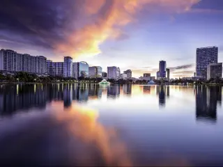 Orlando, Florida, USA downtown city skyline at Lake Eola.