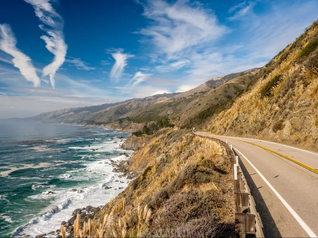 An empty highway 1 on good weather with a beautiful view of the ocean on the Pacific Coast, California 