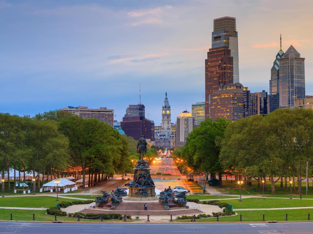 Philadelphia, Pennsylvania, USA with the cityscape of the downtown skyline in the distance taken at early evening. 