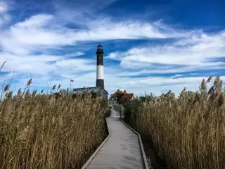 The boardwalk to the Fire Island Lighthouse through a field of tall reeds on a cloudy day