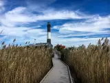The boardwalk to the Fire Island Lighthouse through a field of tall reeds on a cloudy day