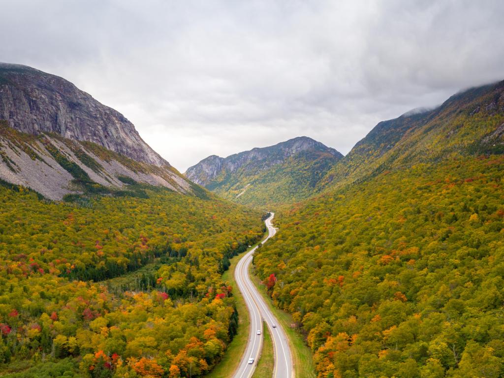 An aerial view of Franconia Notch State Park in the White Mountains of New Hampshire, USA.