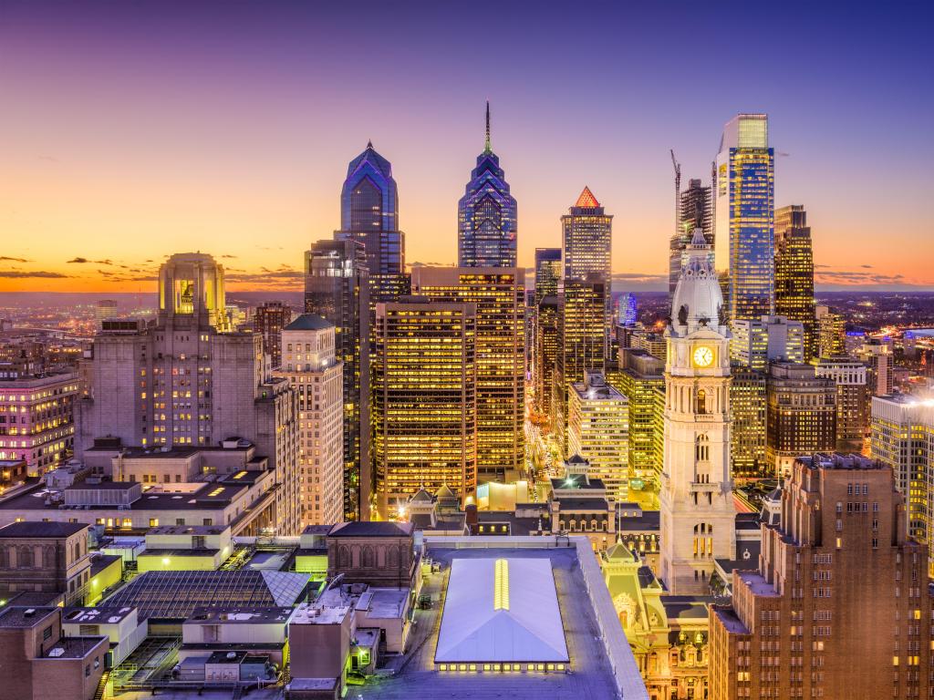 Philadelphia, Pennsylvania, USA downtown city skyline at night.