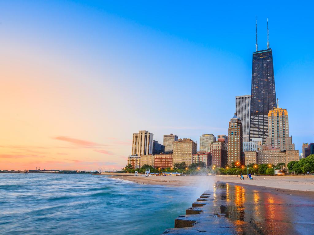 Chicago, USA taken from North Avenue Beach with the city skyline in the background at sunset. 