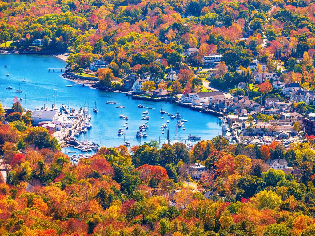 Beautiful New England autumn foliage, view of Camden harbor