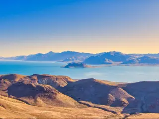 High angle view of Anaho Island National Wildlife Refuge in Pyramid Lake located in the Nevada desert near Reno.