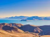 High angle view of Anaho Island National Wildlife Refuge in Pyramid Lake located in the Nevada desert near Reno.