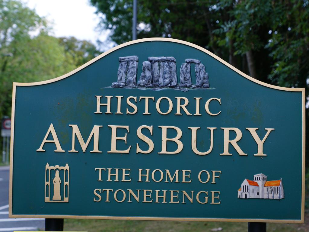 Amesbury - Historic Amesbury The Home of Stonehenge. Town Name, Town Road sign. Welcome to Amesbury.