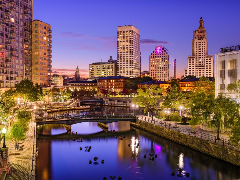 Providence Rhode Island skyline with USA Park in the foreground at dusk