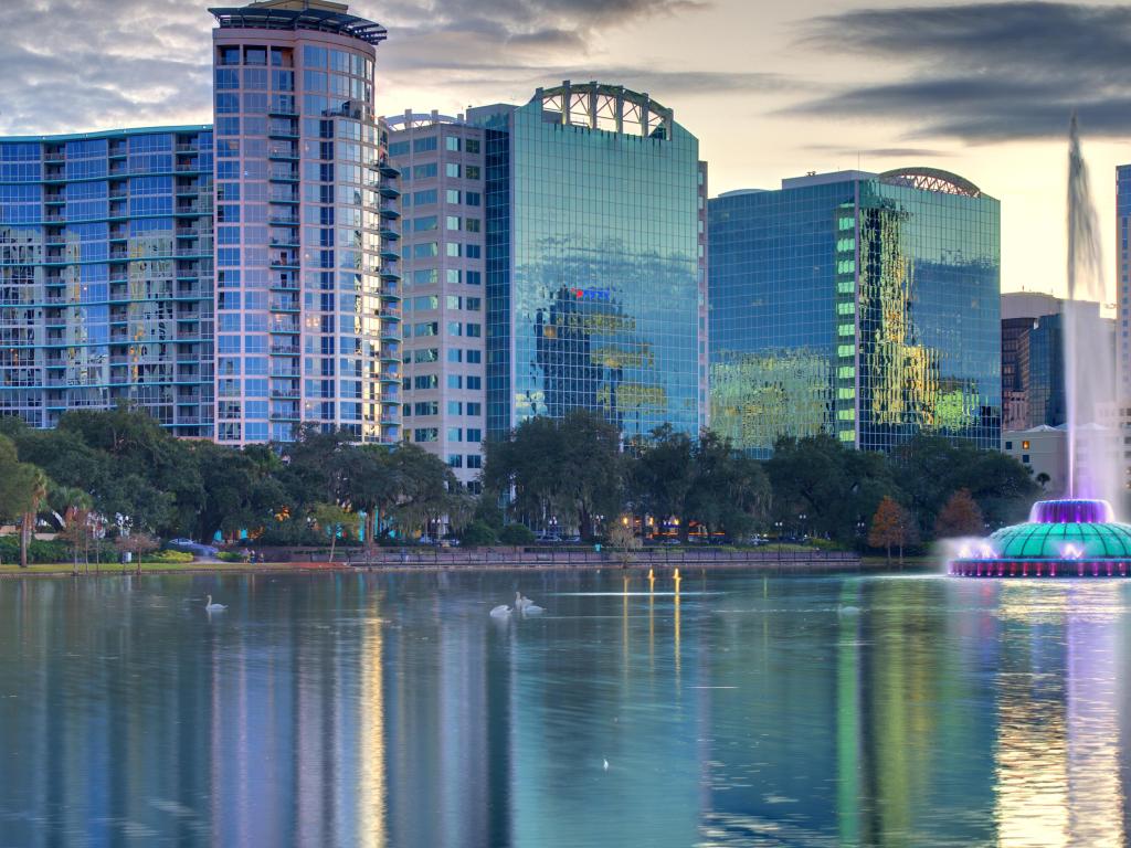 Skyline of Orlando, Florida from lake Eola.