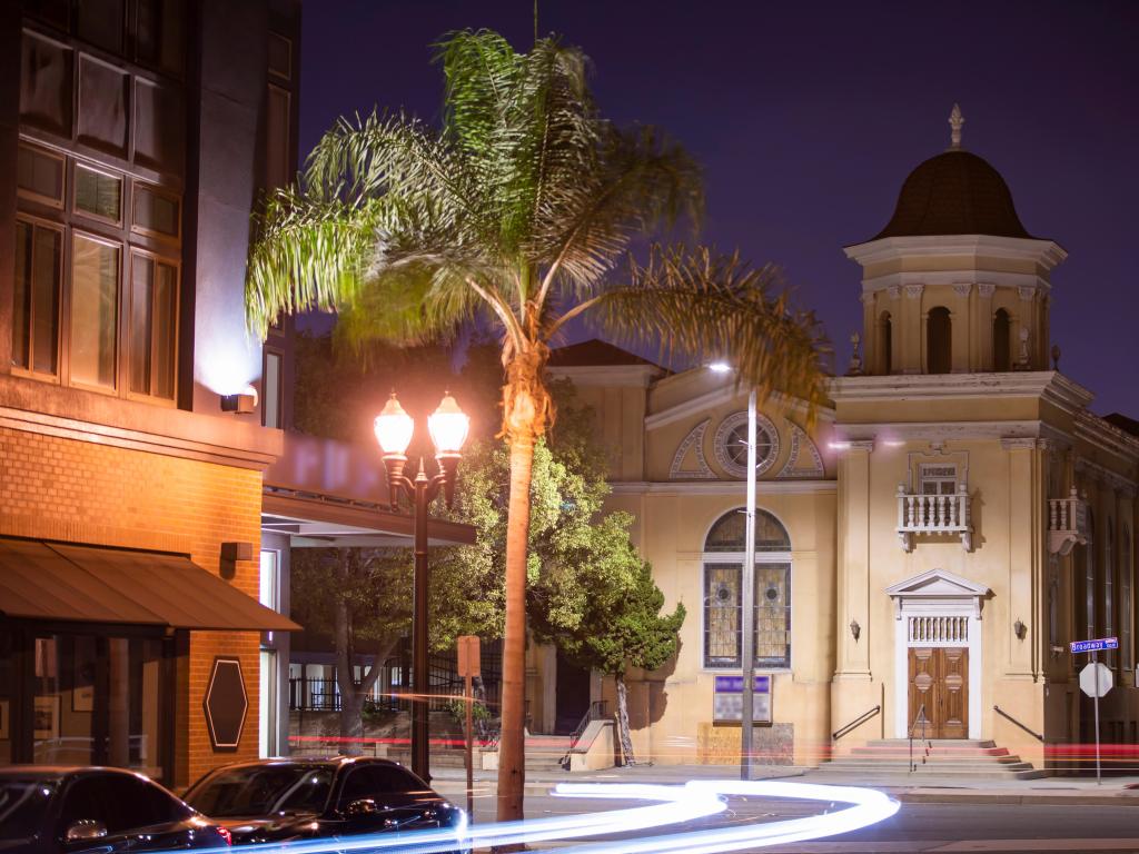 Night descends on the historic area of the Anaheim, California skyline