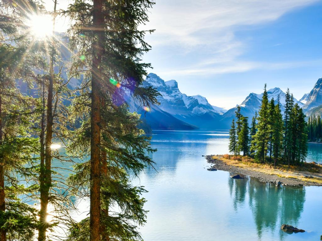Maligne Lake, Jasper National Park, Alberta, Canada with a panorama view of the beautiful Spirit Island, trees in the foreground, the stunning lake before the striking mountains in the distance and taken on a sunny day.