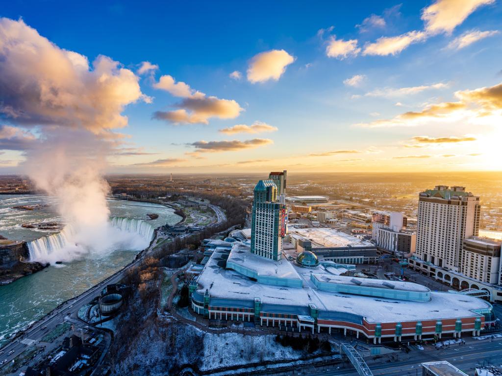 Aerial view of Niagara Falls City during a winter sunset