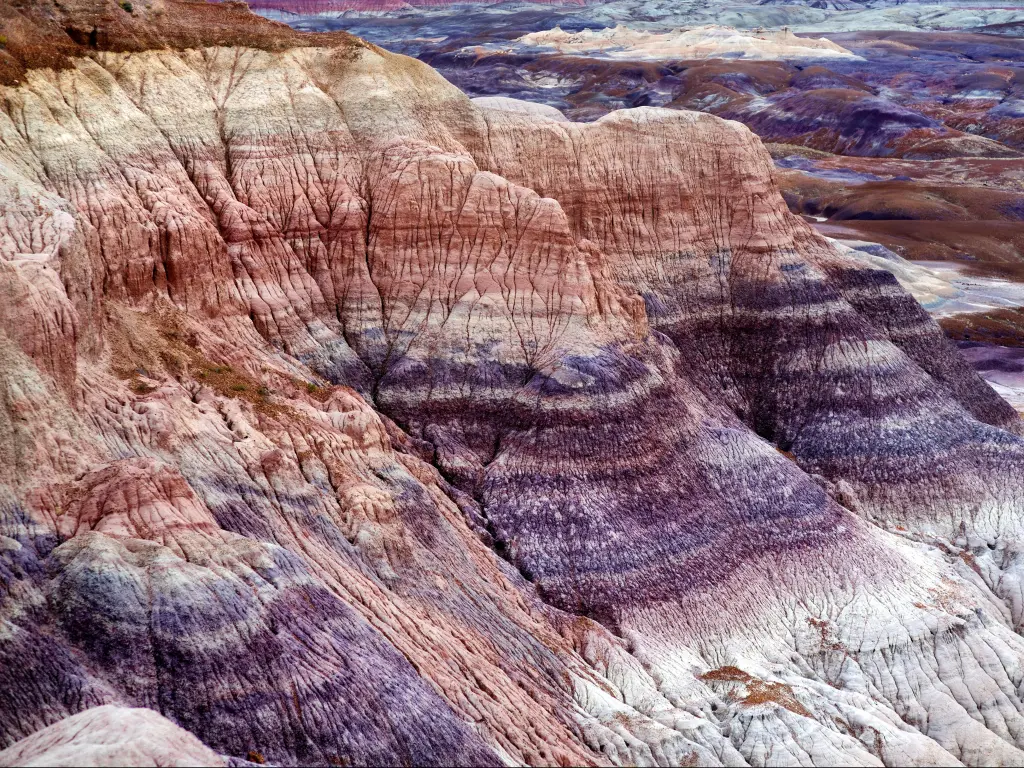Stunning striped purple sandstone formations of Blue Mesa badlands in Petrified Forest National Park, Arizona, USA