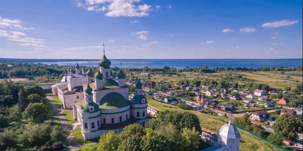 An aerial view of Goritsky monastery, Pereslavl-Zalessky, Russia, with the town seen in the background