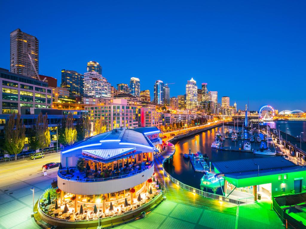 Seattle, Washington, USA with the skyline in waterfront area at night.