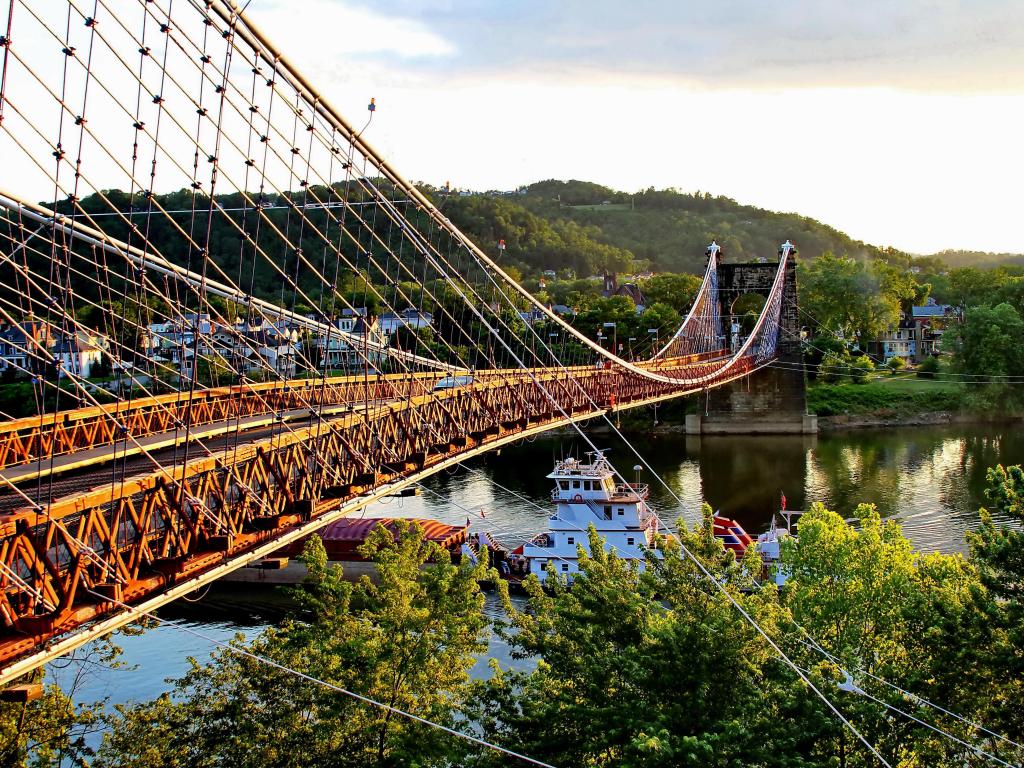 Close Encounter, Barge going under the Famous Suspension Bridge at Wheeling, West Virginia