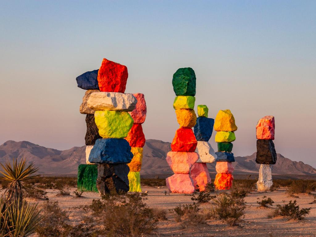 Seven Magic Mountains, Nevada, USA with abstract art/sculptures standing tall in the desert.