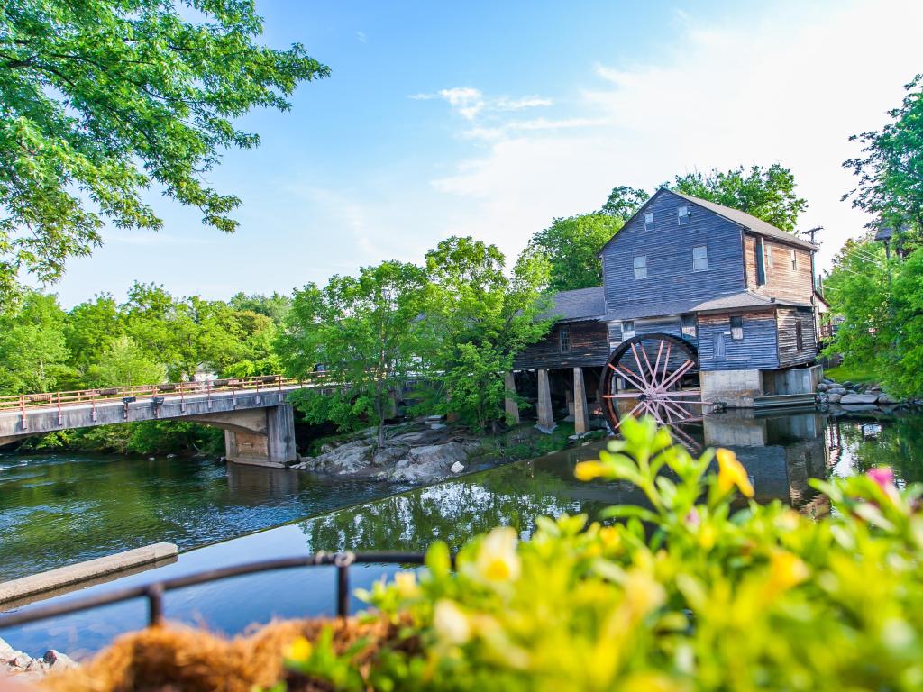 Pigeon Forge, Smoky Mountains area, Tennessee, USA with a view of the Old Mill on a sunny day.