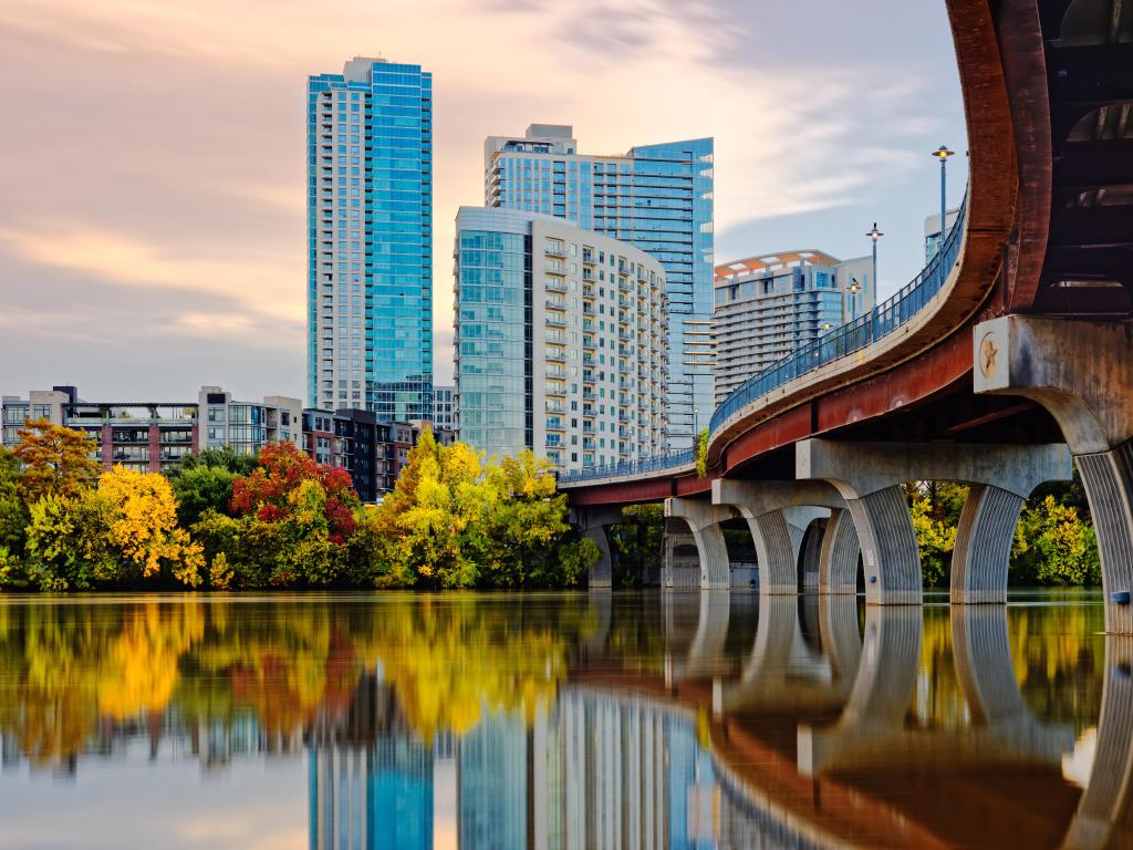 Downtown Austin Skyline From Underneath Pfluger Pedestrian Bridge - Lady Bird Lake - Austin Texas.